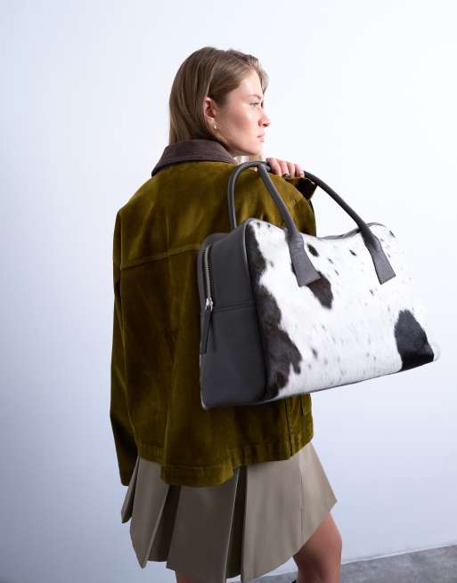 Topshop Suki real leather shoulder bowler bag in cow print pony