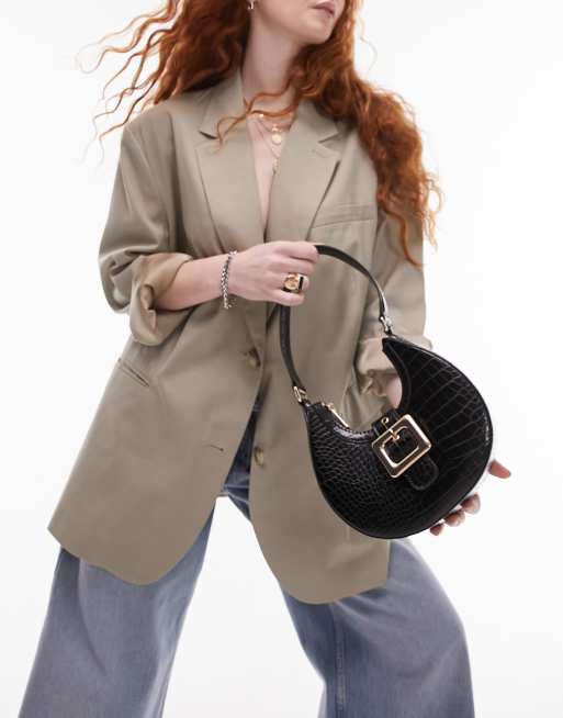 Topshop – Suki – Schultertasche in Schwarz mit abgerundetem Design und Schnalle