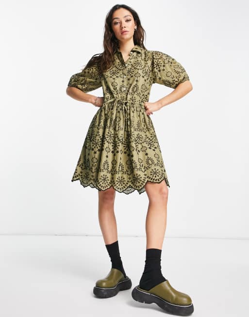 Topshop – Sukienka koszulowa z haftem angielskim w kolorze khaki 