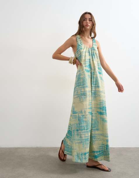 Topshop – Sukienka letnia maxi z marszczonym dekoltem, z bawełnianej popeliny, w niebieski, abstrakcyjny wzór - view 1