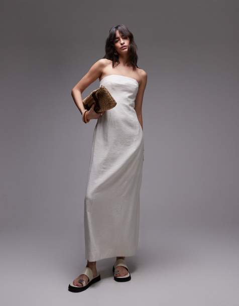 Topshop linen Bandeau midi in natural