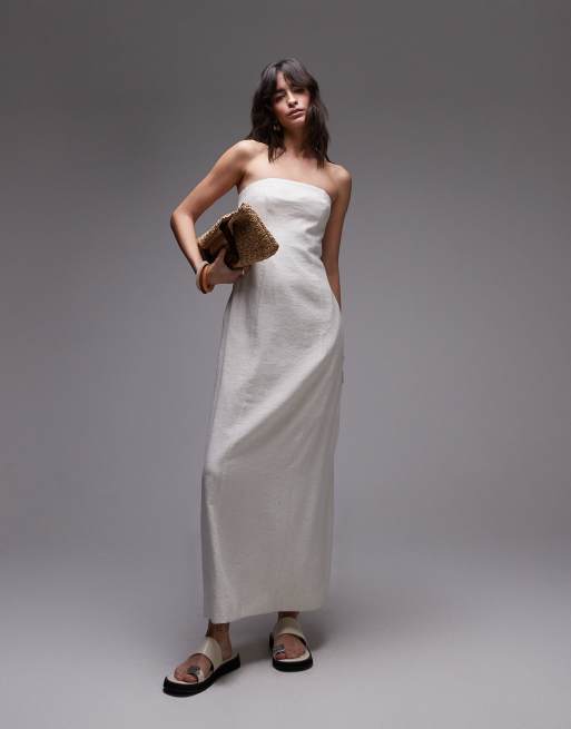 Topshop – Sukienka lniana midi z dekoltem bandeau w kolorze naturalnym