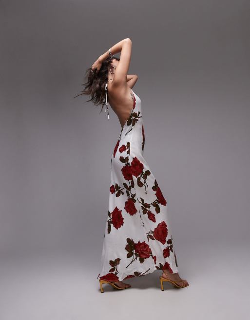Topshop – Sukienka maxi cięta ze skosu, z dekoltem halter i wzorem w róże w kolorze kości słoniowej