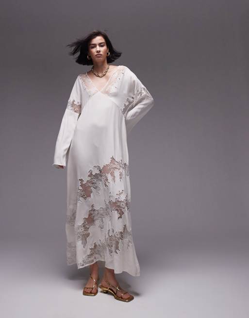 Topshop – Sukienka maxi premium z dekoltem w szpic i koronkową wstawką w kolorze kości słoniowej
