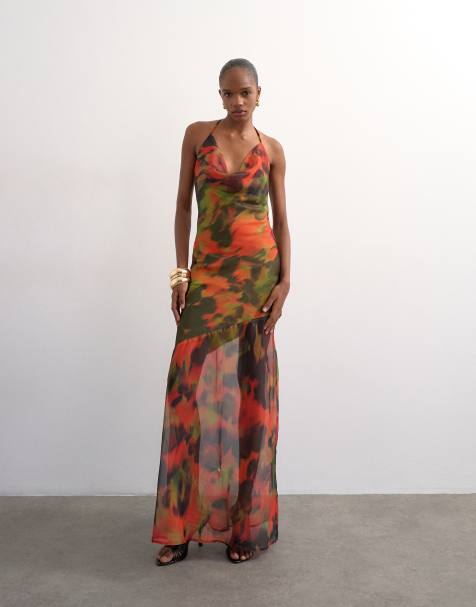 Topshop cowl neck dropped hem maxi dress in abstract blur