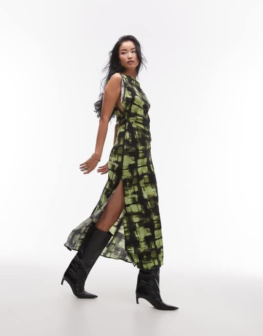 Topshop – Sukienka maxi z marszczeniami po bokach, wycięciami pod pachami i wzorem w zieloną kratę