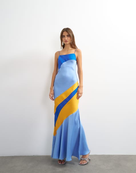 Topshop sukienka maxi z satyny z kontrastowym wycięciem w kolorze niebieskim i pomarańczowym - view 1