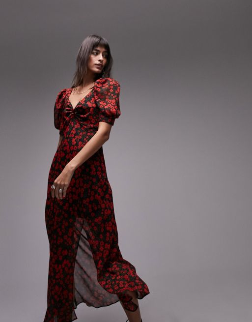 Topshop – Sukienka maxi ze skosu z bufkami w czerwony wzór