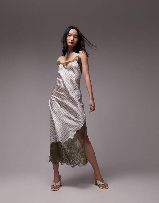 Topshop – Sukienka midi na ramiączkach w zielone paski z kontrastową koronką