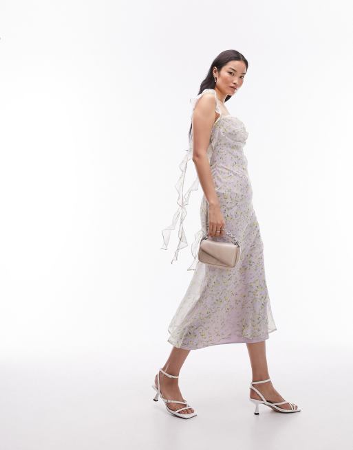 Topshop – Sukienka midi na ramiączkach z falbanką w kwiatowy wzór vintage
