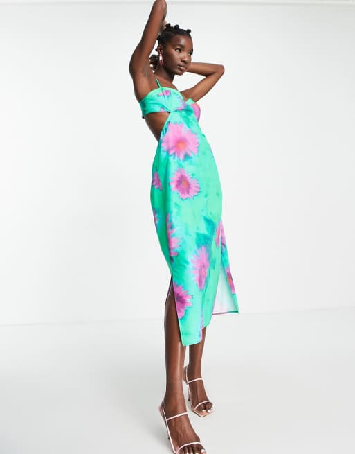 Topshop – Sukienka midi w abstrakcyjny fioletowy wzór w kwiaty z górą typu biustonosz 