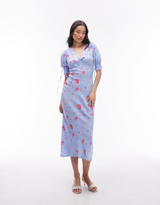 Topshop – Sukienka midi w kwiatowy wzór w stylu vintage z wiązaniem