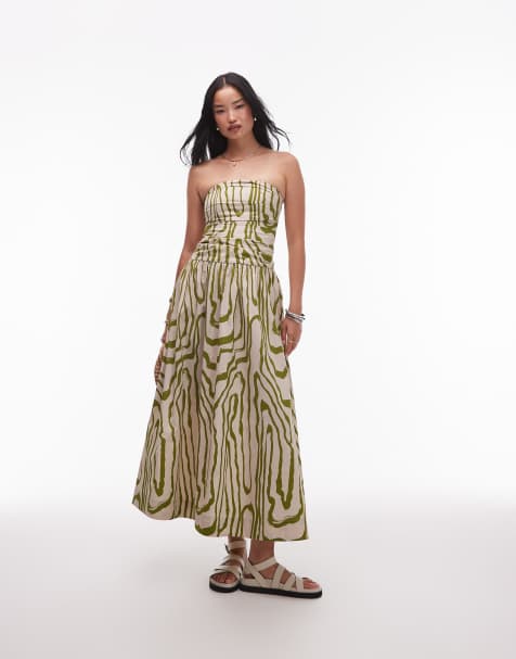 Topshop – Sukienka midi w paski z marszczoną górą i dekoltem bandeau - view 1