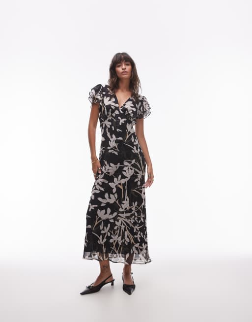 Topshop – Sukienka midi z rozkloszowanymi rękawami w czarno-biały kwiatowy wzór