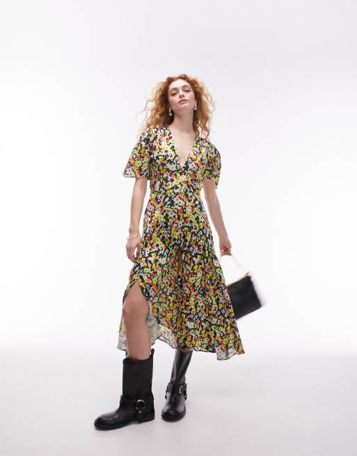 Topshop – Sukienka mini z dekoltem w kształcie litery V w kolorowy kwiatowy wzór