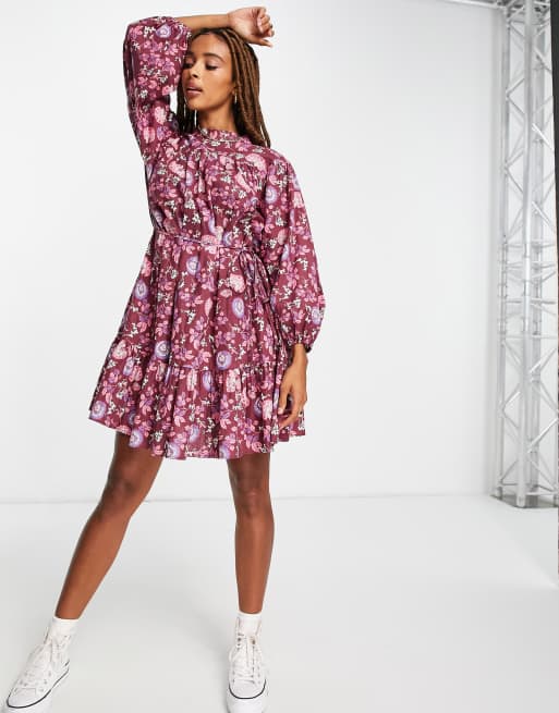 Topshop – Sukienka mini z długimi rękawami z paskiem w kwiatowy wzór paisley 