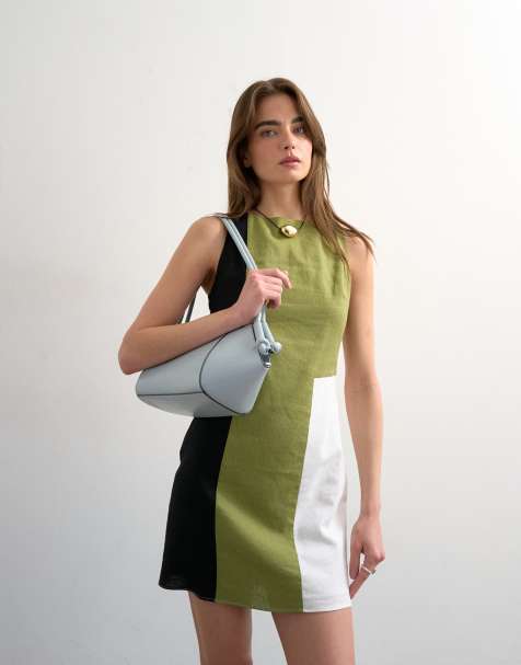 Topshop – Sukienka mini z dużą domieszką lnu w kolorach czarnym i khaki ze wzorem w bloki kolorów - view 1
