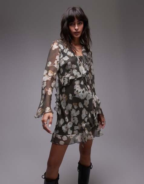 Topshop – Sukienka mini z falbankami i długimi rękawami w akwarelowy kwiatowy wzór - view 1