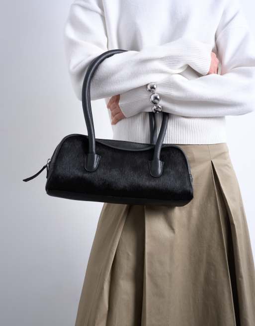 Topshop Sullivan hair on leather small bowler shoulder bag in black, 4 of 4