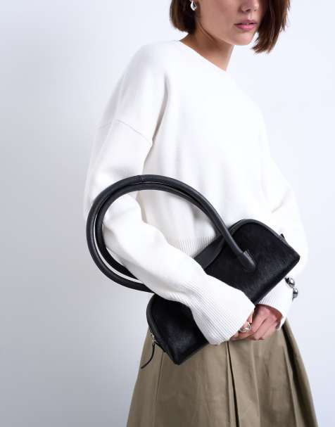 Topshop Sullivan leather shoulder bowler bag in black pony - view 1