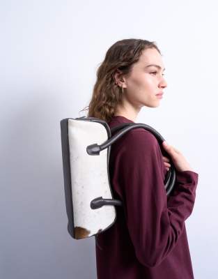 Topshop Sullivan real leather shoulder bowler bag in cow print pony-Multi