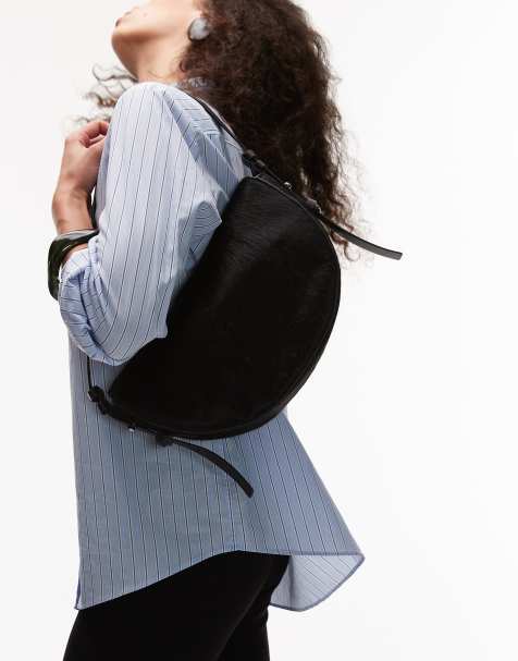 Topshop Sunday hair on real leather shoulder bag in black - view 1