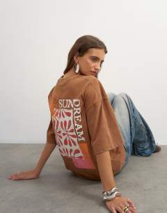 Topshop 'Sundream' graphic embroidered detail oversized t-shirt in brown