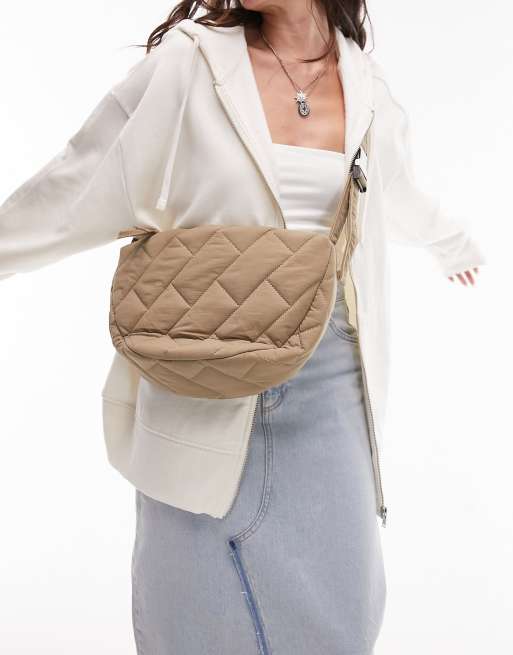 Topshop – Sunni – Lässige, gesteppte Schultertasche aus Nylon in Steinbeige
