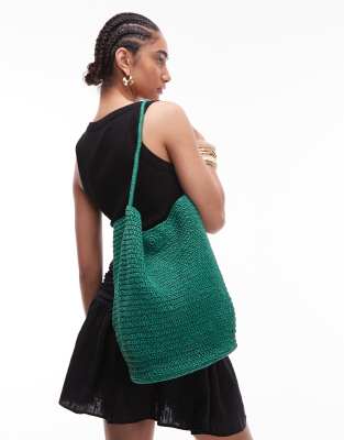 Topshop - Sunny - Grüne Schultertasche im Häkeldesign