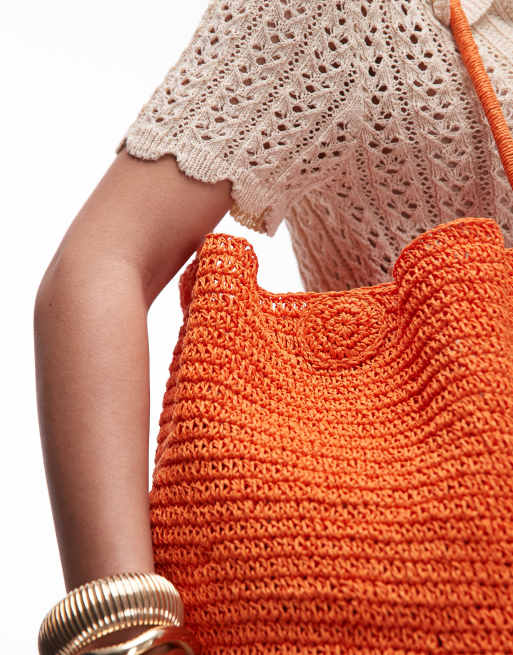 Topshop – Sunny – Orangefarbene Schultertasche im Häkeldesign, 2 von 4