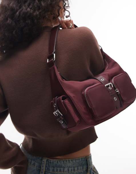 Topshop Sunrise pocket shoulder nylon bag in burgundy - view 1