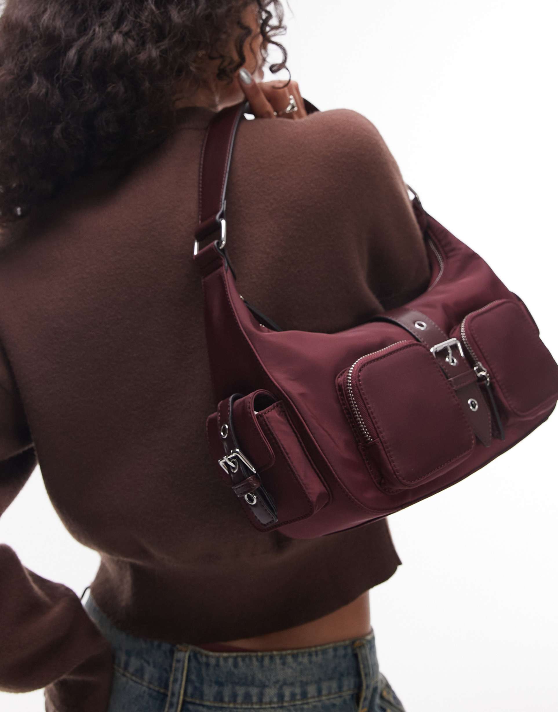 topshop sunrise pocket shoulder nylon bag in burgundy