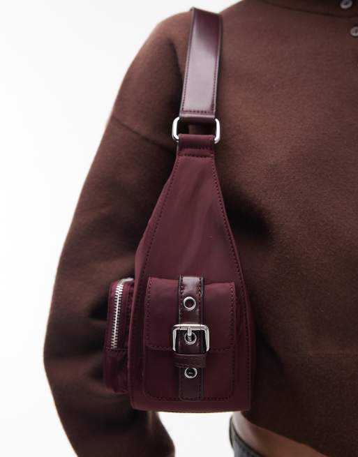 Topshop Sunrise pocket shoulder nylon bag in burgundy