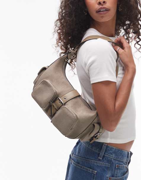 Topshop Sunrise pocket shoulder suede bag in taupe - view 1