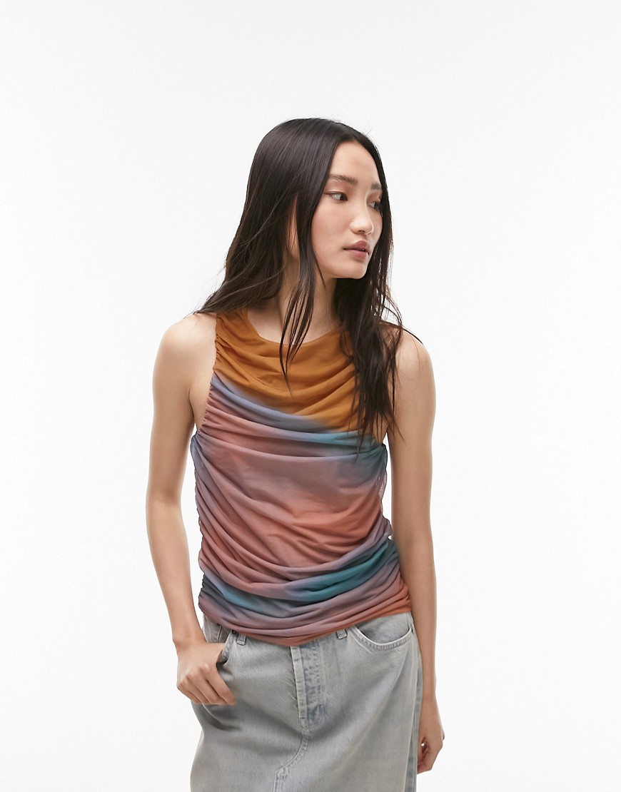 Topshop sunset ombre ruched side mesh tank in multi