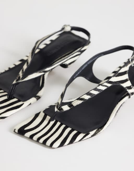 Topshop Sunshine toe thong mid heel sandal in zebra hair on real leather, 3 of 4