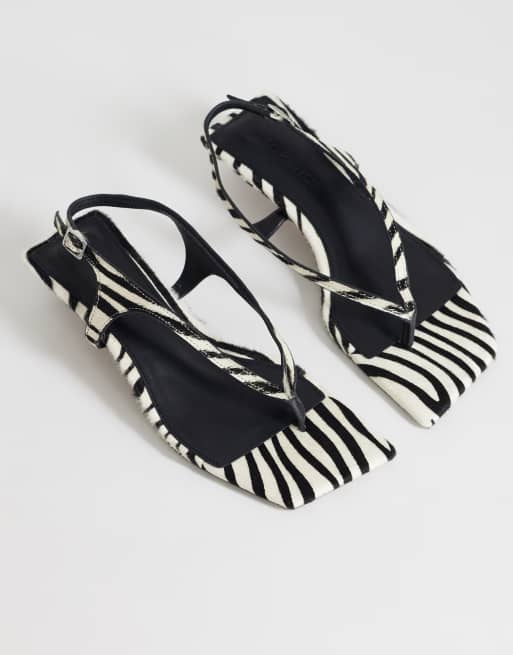 Topshop Sunshine toe thong mid heel sandal in zebra hair on real leather, 4 of 4