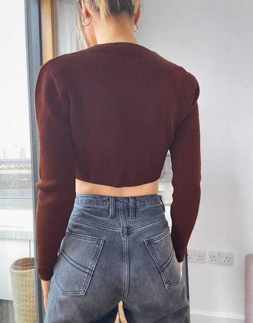 Topshop super cropped cardigan co-ord in chocolate, 2 of 4