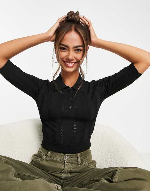 Topshop - Super-cropped sort striktrøje med tydelige sømme og krave, 4 af 4