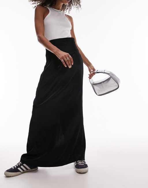 Black Maxi Skirt - Satin Side Slit Skirt - High Waist Long Skirt