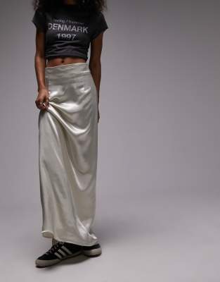 Topshop Super High Waisted Satin Maxi Skirt In Ivory-white