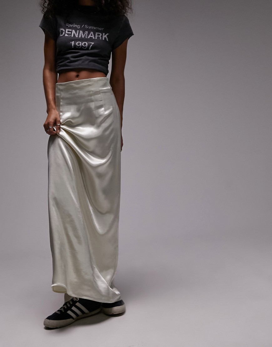 Topshop super high waisted satin maxi skirt in ivory-White
