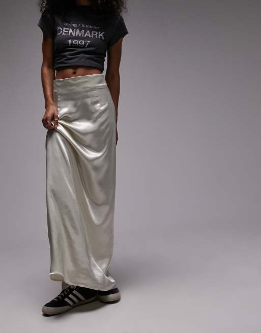 Topshop super high waisted satin maxi skirt in ivory