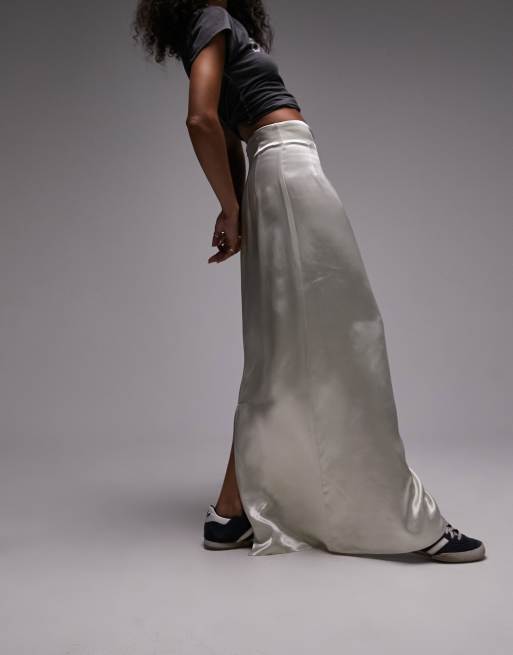 Topshop super high waisted satin maxi skirt in ivory