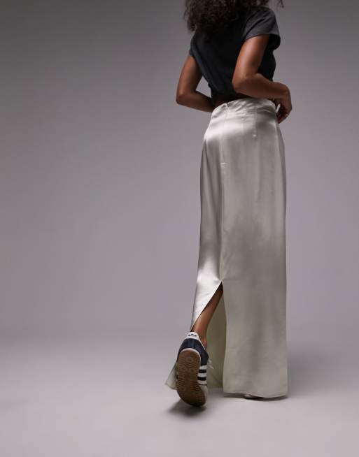 Topshop super high waisted satin maxi skirt in ivory