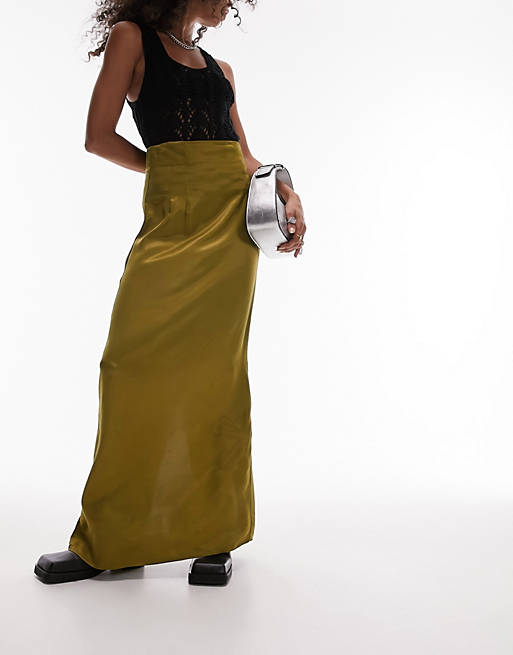 Topshop super high waisted satin maxi skirt in olive | ASOS