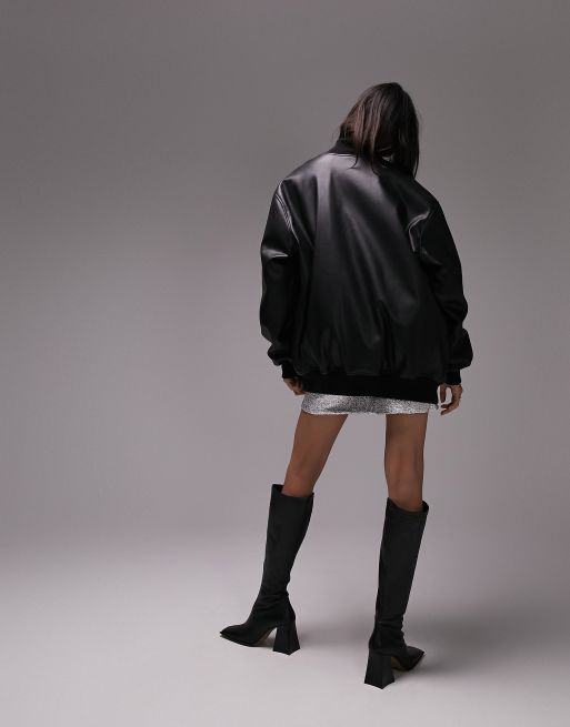 Topshop - Super oversized bomberjack van imitatieleer in zwart, 4 van 4
