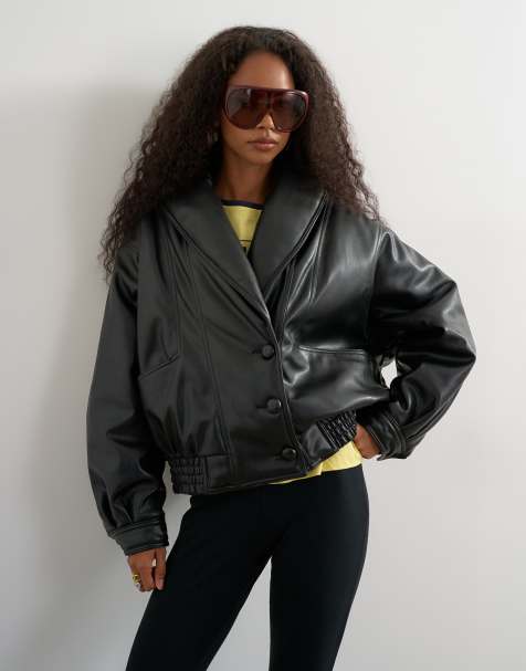 Topshop super oversized bomberjacka i fuskläder med sjalkrage i svart - view 1