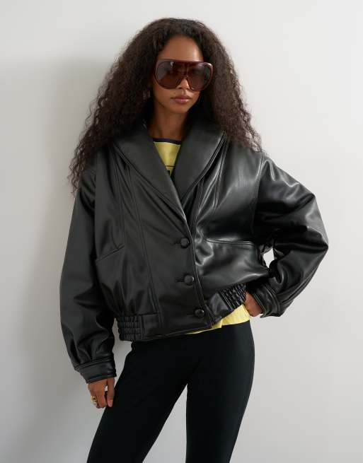 Topshop super oversized bomberjakke i imiteret læder med sjalskrave i sort, 1 af 4