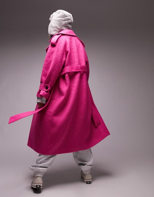 Topshop super oversized brushed trench coat in bright pink